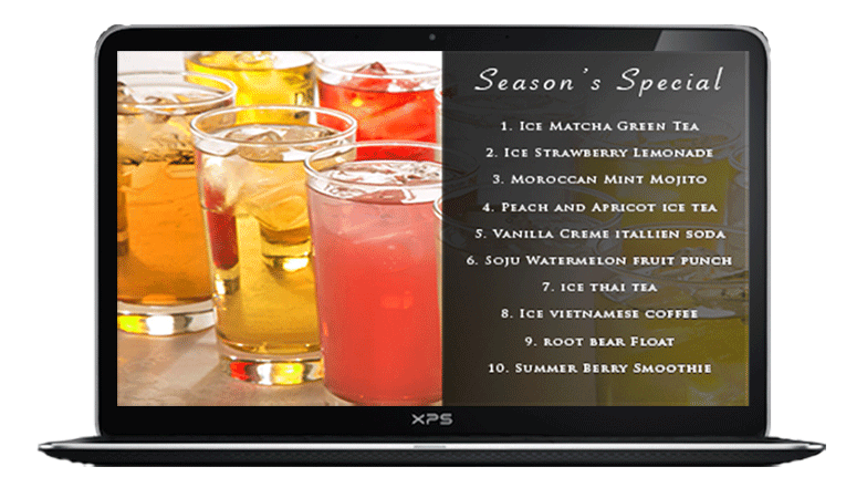 Notebook showing a menu with beverage names and photos.
